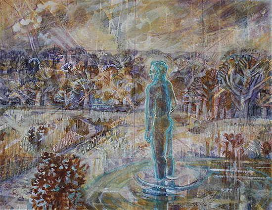 'The Ice Boy Melts in Winter Sun, Dartmoor' 2023 watercolour, bodycolour and pencil (22x28 cm)