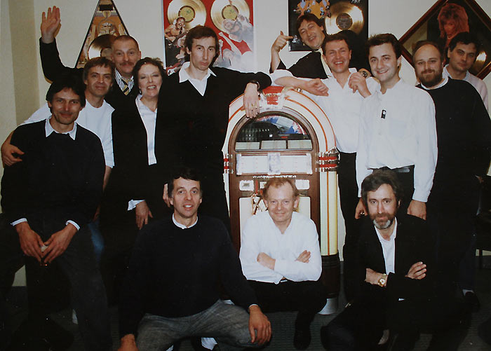 London Bridge recording studio Path&eacute; Marconi Paris 10-12-87 back L. to R. Phil Clarke, Brian Godding, Mike Westbrook, Kate Westbrook, Steve Cook, Graham Russell, Paul Nieman, Pete Whyman, Stephen Allan, Daniel Michel, front Fiachra Trench, Tony Marsh, Chris Biscoe