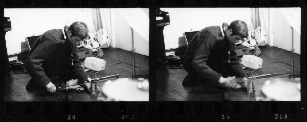 Lou At Langtry Road Studio, West London, during an AMM play in 1968. Photograph by Frazer Pearce.