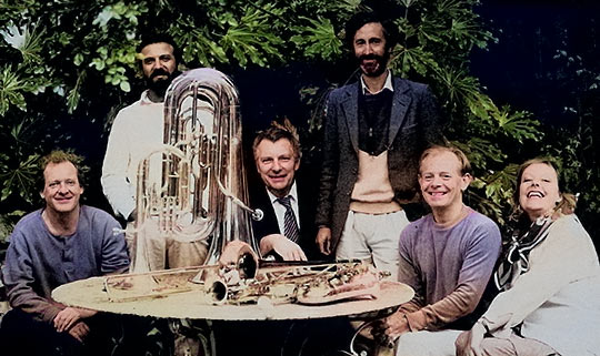 Mike Westbrook Brass Band  left to right: Phil Minton, Danilo Terenzi, Mike Westbrook, Chris Biscoe, Tony Marsh, Kate Westbrook