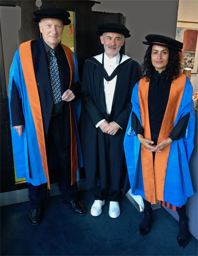 Mike Westbrook with Professor Andrew Brewerton principal of the College, and Suki Dhanda photographer on the Guardian and The Observer 